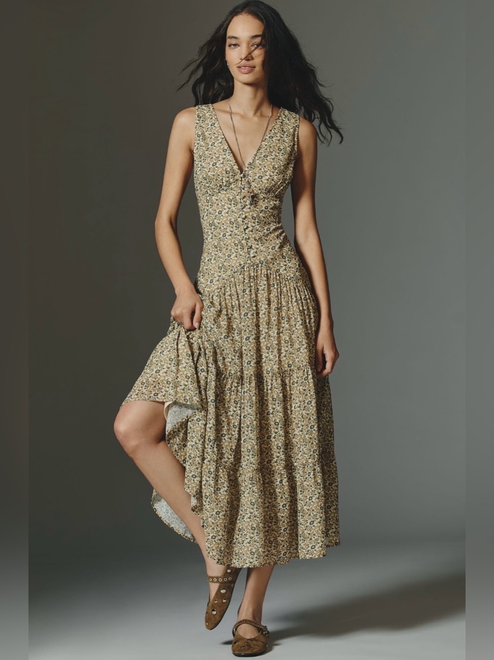 Anthropologie Olive Floral V-Neck Midi Dress
